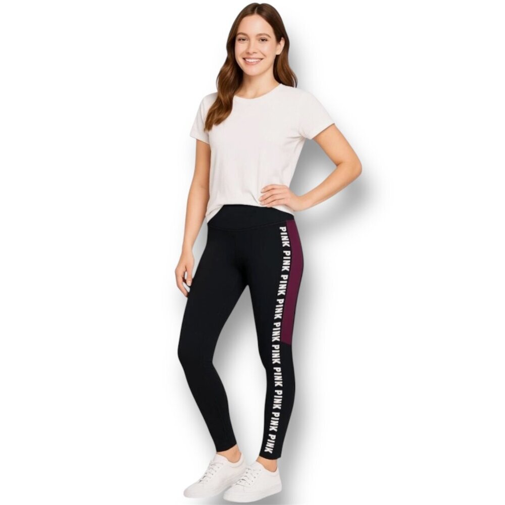 PINK‎ Victoria’s Secret XS Black Burgundy Leggings Logo Tape Stretch Athleisure